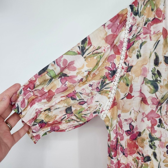 Pink‎ Floral Watercolor Blouse Top Large Lace Cottage Boho Indie Garden Bloom - Picture 9 of 9